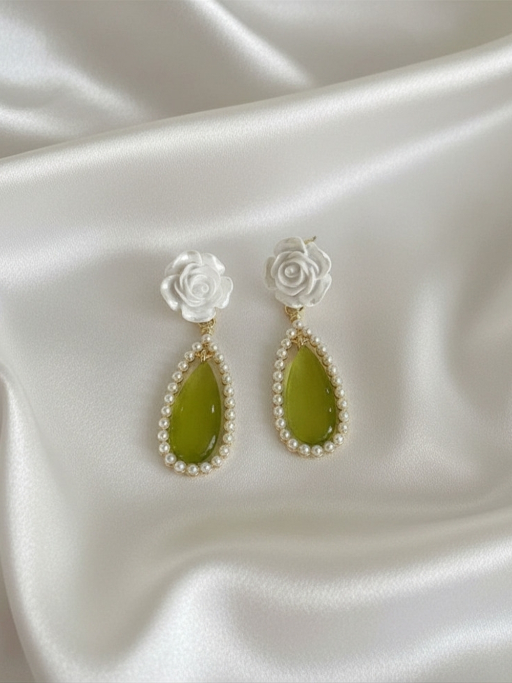 Elegant White Rose Olive Green Teardrop Pearl Drop -S925 Needle -Earrings